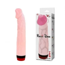 Imagem do Dildo Vibrador Realístico Borracha 19cm x 4cm e embalagem ao lado